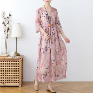 High-Waist Blue Prints Midi Wrap Dress Ramie Comfy Bohemian Pink Dress