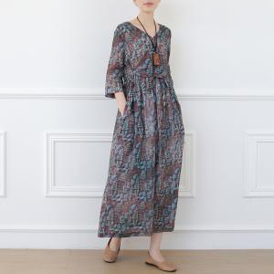 Boho Style Leaf Patterns Summer Dress Belted Loose Flax Clothing