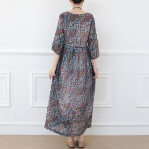 Boho Style Leaf Patterns Summer Dress Belted Loose Flax Clothing