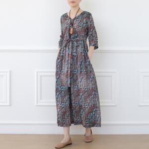Boho Style Leaf Patterns Summer Dress Belted Loose Flax Clothing