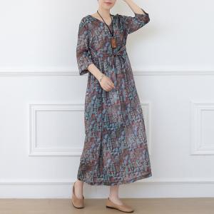 Boho Style Leaf Patterns Summer Dress Belted Loose Flax Clothing