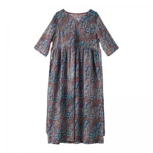 Boho Style Leaf Patterns Summer Dress Belted Loose Flax Clothing