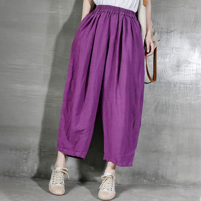 Summer Casual Linen Ankle Pants Comfy Fluffy Flax Clothing in Purple ...