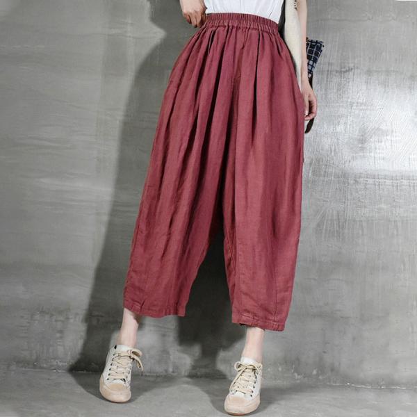 Simple Plain Flax Beach Pants Plus Size Wide Leg Pants for Women