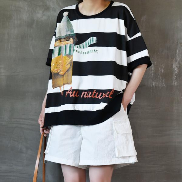 Cute Cat Cotton Oversized T Shirt Chunky Striped Pullover