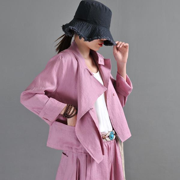 Casual Chic Linen Short Jacket Wide Lapel Designer Outerwear