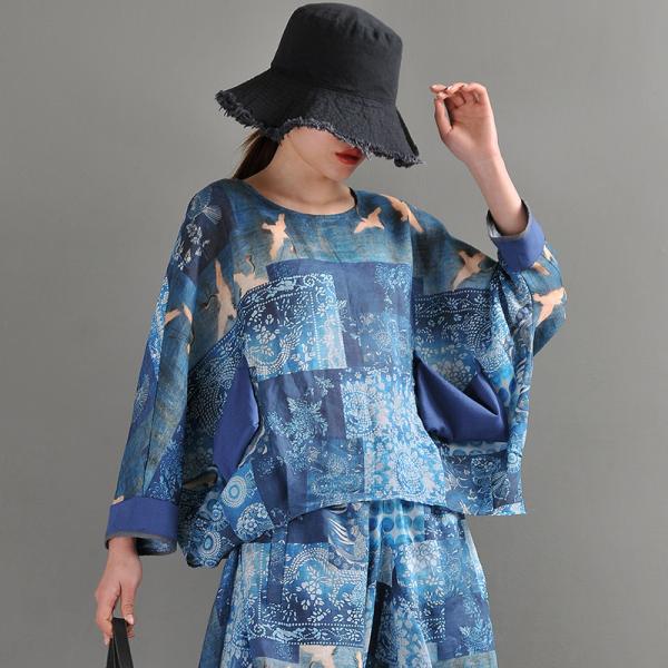 Unique Design Blue Printed Blouse Crane Plus Size Custom Top