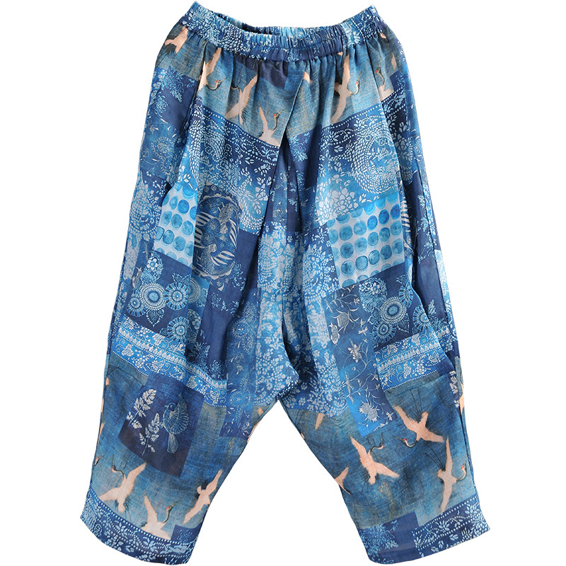 Summer Beach Blue Baggy Pants Ramie Totem Ankle Pants in Blue M L ...
