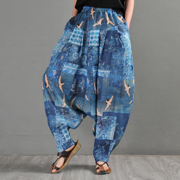 Ethnic Prints and Crane Ramie Elephant Pants Blue Ramie Trousers