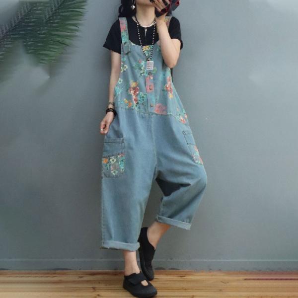 Relax-Fit Printed Summer 90s Overalls Adjustable Straps Jean Dungarees