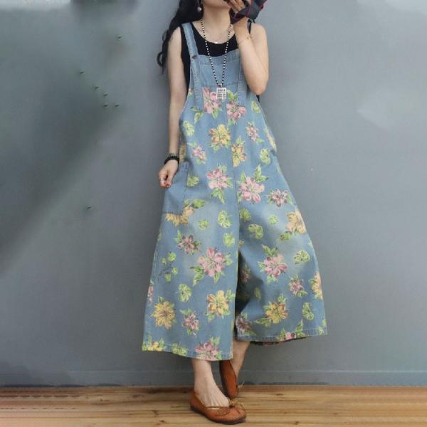 Flowers Printing Wide Leg Overalls Denim Loose Adjustable Straps Overalls