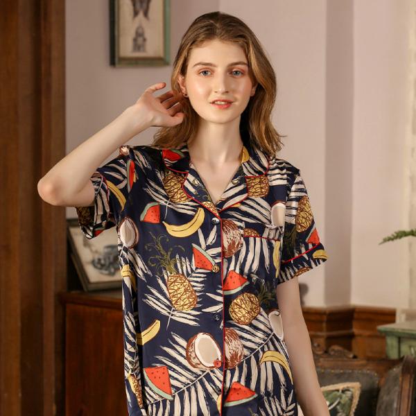 Fruit Patterns Summer Pajamas Sets Silky Shorts Homewear