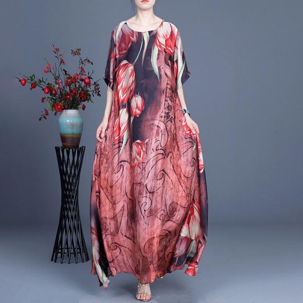 Half Sleeve Silk Beach Dress Printing Flowing Vacation Dress