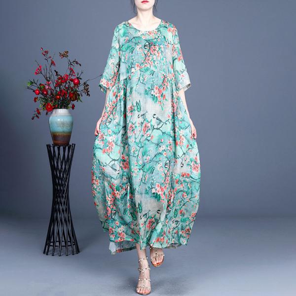 Air-Cool Ramie Floral Dress High-Waisted Loose Beach Dress