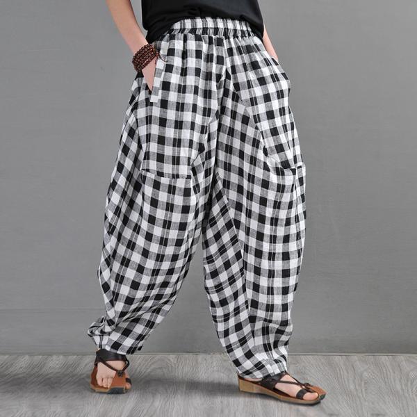 Black and White Tartan Plaid Harem Pants Linen Classic Fisherman Pants