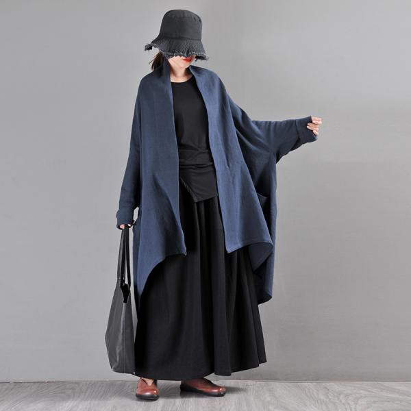Customized Flax Blue Poncho Cardigan Plus Size Linen Coat