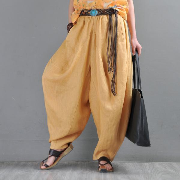 100s Linen Yellow Harem Pants Beach Style Summer Resort Pants