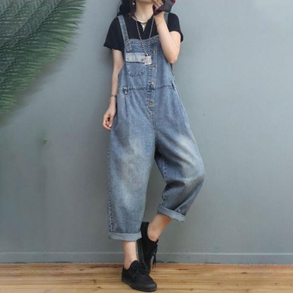 Stone Wash Baggy Korean Overalls Denim Adjustable Straps Salopette