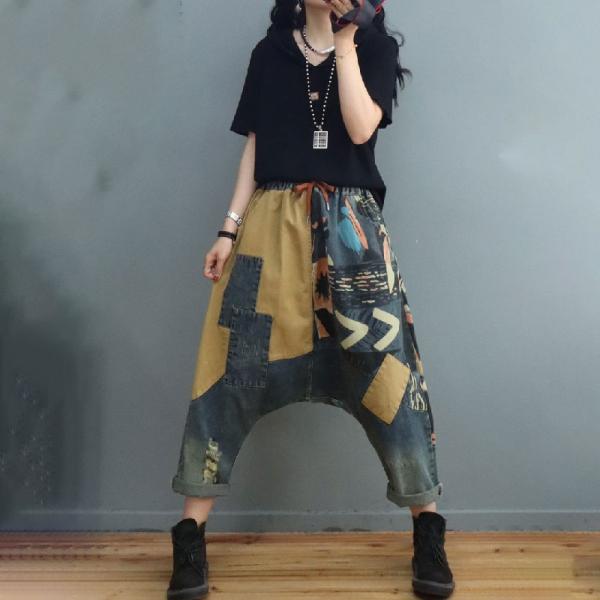 Fashion Patchwork Low Crotch Jeans Printed Harem Cropped Jeans
