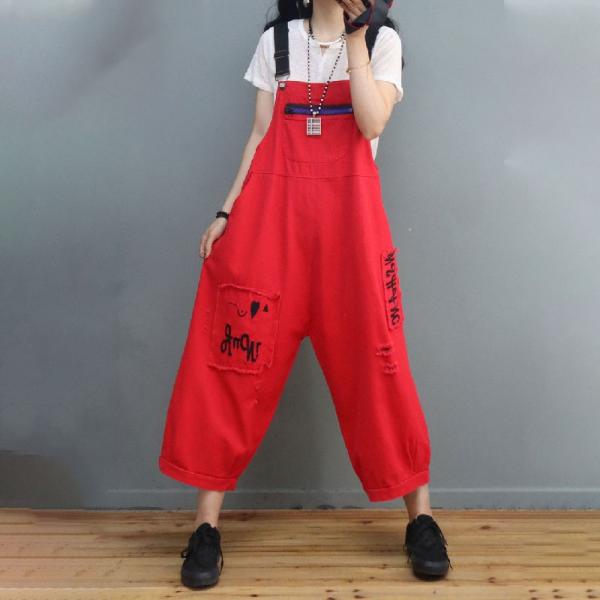 Letter Patchwork Farm Overalls Distressed Adjustable Straps Dungarees