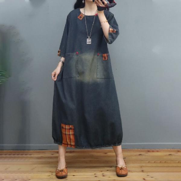 Classic Plaid Patchwork Denim Dress Plus Size Stone Wash Dress