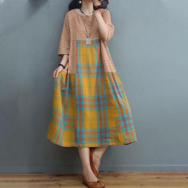 Preppy Style Cotton Linen Shift Dress Loose Tartan Check Dress