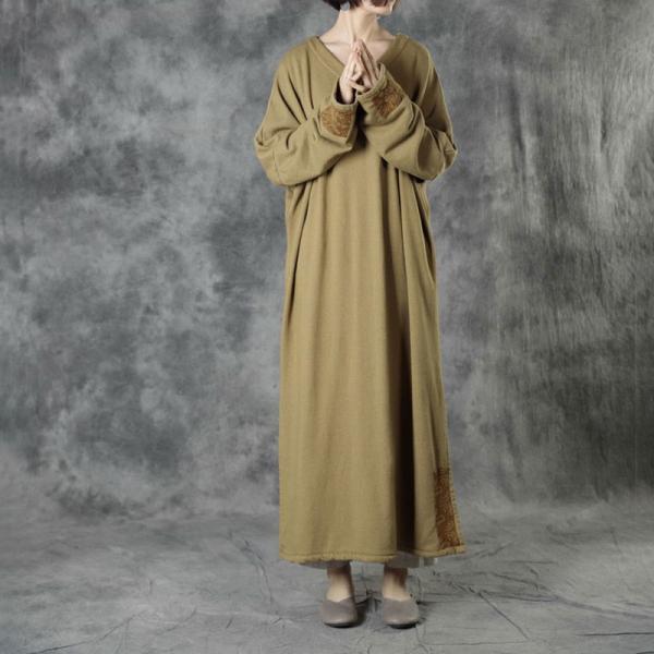 Side Slit V-Neck Long Caftan Embroidery Sleeves Cotton Islamic Dress