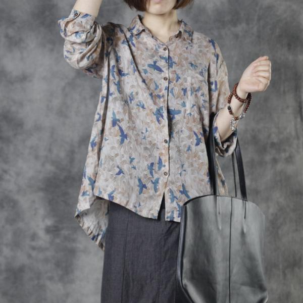 Blue Birds Pattern Oversized Shirt Long Sleeves Flax Clothing