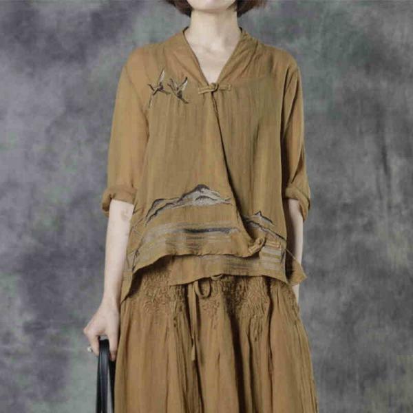 Oriental Style Layered Chinese Blouse Crane and Mountain Linen Clothing