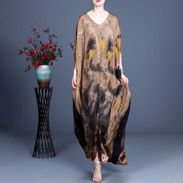 Long Sleeve Plus Size Caftan Silk Chinese Painted Abaya for Senior Women