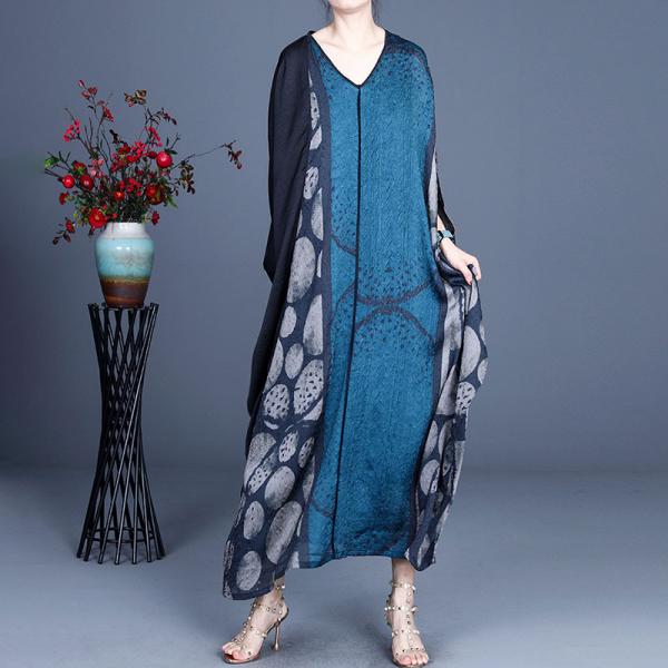 Bat Sleeve Silk Moroccan Kaftan Contrast Color Dotted Dress