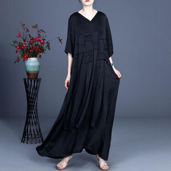 Half Sleeve Pin-Striped Maxi Dress V-Neck Weave Modest Black Dress