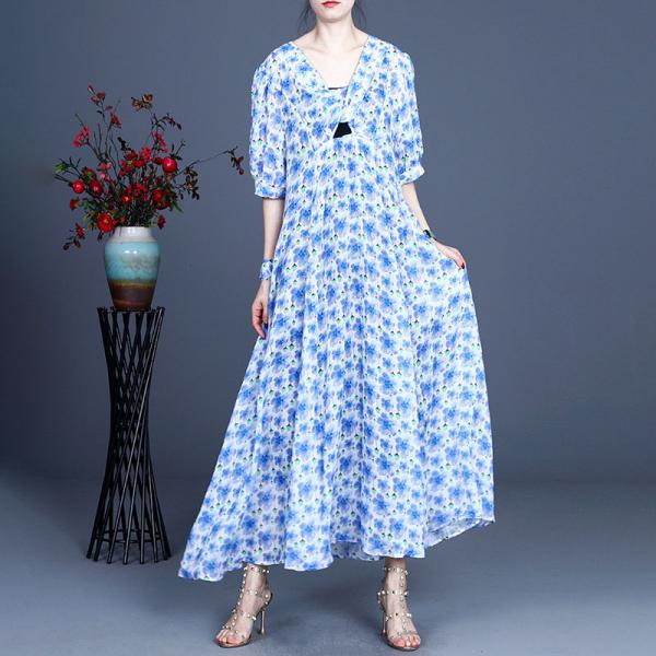 100S Ramie Dense Flowers Tied Dress Maxi Knot Front Dress