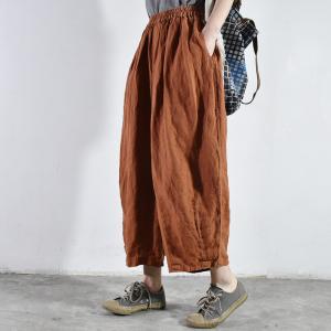 Simple Plain Flax Beach Pants Plus Size Wide Leg Pants for Women