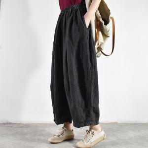 Simple Plain Flax Beach Pants Plus Size Wide Leg Pants for Women