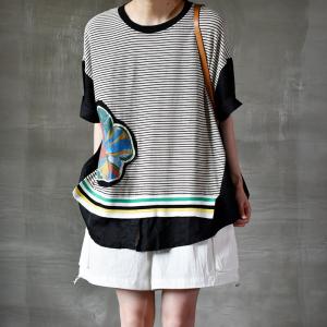 Flowers Patchwork Casual Cotton T Shirt Plus Size Striped Tee