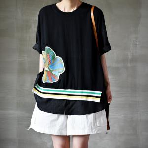 Flowers Patchwork Casual Cotton T Shirt Plus Size Striped Tee