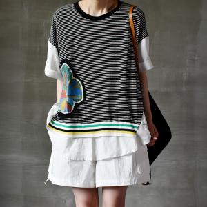 Flowers Patchwork Casual Cotton T Shirt Plus Size Striped Tee