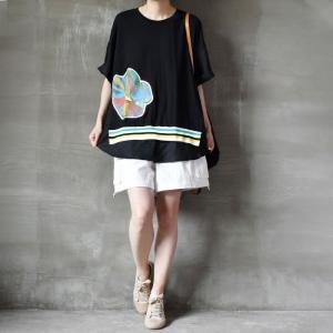 Flowers Patchwork Casual Cotton T Shirt Plus Size Striped Tee