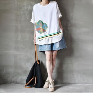 Flowers Patchwork Casual Cotton T Shirt Plus Size Striped Tee