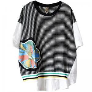 Flowers Patchwork Casual Cotton T Shirt Plus Size Striped Tee