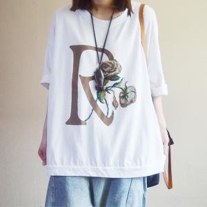 Rose and Letter Large Casual T Shirt Summer Cotton Tunic Tee