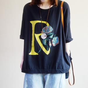 Rose and Letter Large Casual T Shirt Summer Cotton Tunic Tee