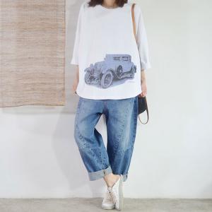 Car Prints Comfy Plus Size Tee Casual Summer White T Shirt