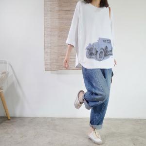 Car Prints Comfy Plus Size Tee Casual Summer White T Shirt