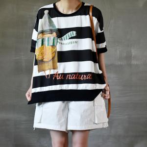 Cute Cat Cotton Oversized T Shirt Chunky Striped Pullover