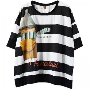 Cute Cat Cotton Oversized T Shirt Chunky Striped Pullover
