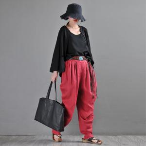 Bright Colors Red Beach Pants Loose Tapered Flax Trousers