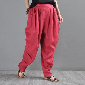 Bright Colors Red Beach Pants Loose Tapered Flax Trousers