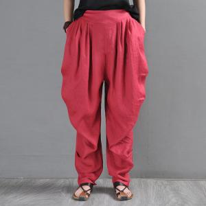 Bright Colors Red Beach Pants Loose Tapered Flax Trousers